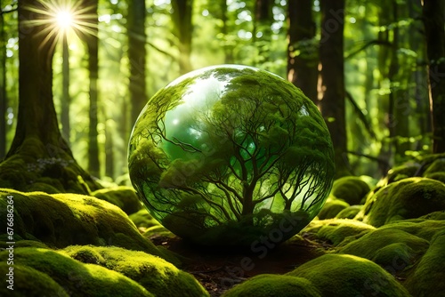Earth Day - Environment - Green Globe In Forest With Moss And Defocused Abstract Sunlight A lush forest bathed in the soft glow of the morning sun generative ai technology