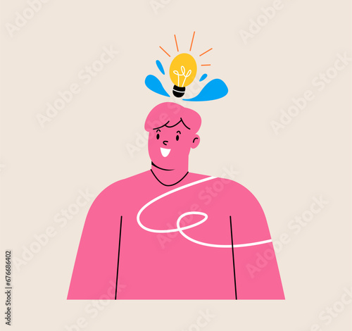 Happy man with a creative thoughts over his head. The concept of mental health. Colorful vector illustration