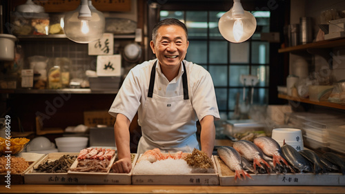 魚屋で働くアジア人男性 photo