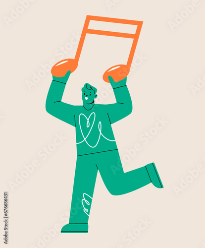 Man holding note in hands. Musical festival concert. Colorful vector illustration