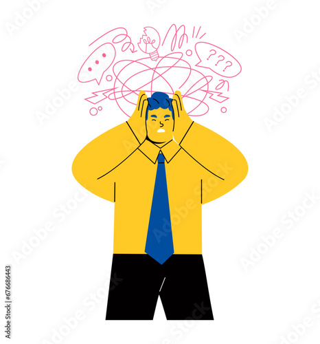 Stressed business man with hands on his head with doodle abstract elements on background. Flat vector illustration isolated on white background