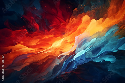 Abstract wave of colorful smoke. Spectacular image of blue and orange liquid ink churning together, with a realistic texture and great quality. colorful splash background.  © pakoefoto