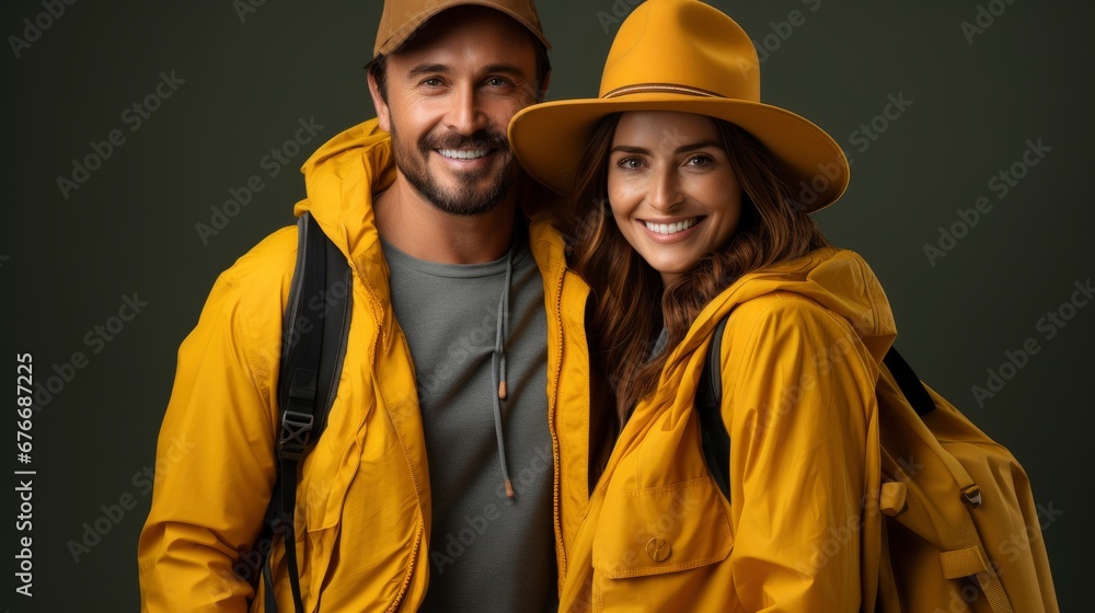 Fototapeta premium Traveler Couple Backpacks Taking Selfie Portrait, Desktop Wallpaper Backgrounds, Background HD For Designer