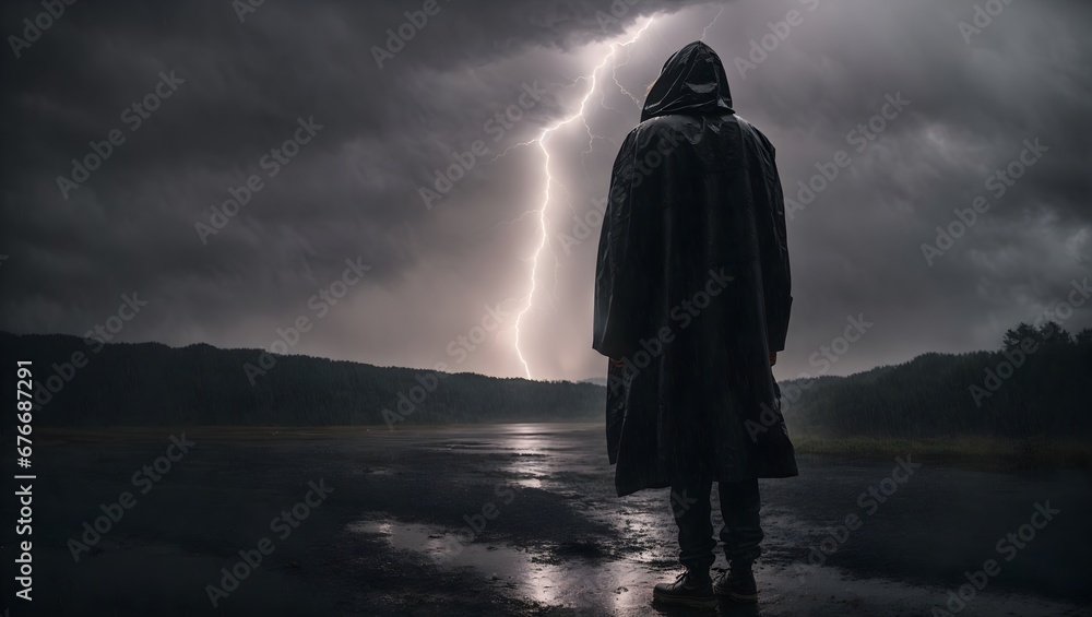 A lone figure stands in the midst of a heavy rainstorm. Lightning flashes in the distance, illuminating the scene in a dramatic and haunting light. Generative AI