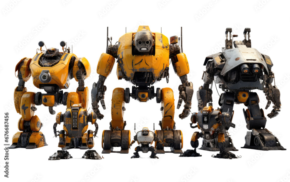 Big and Small Cartoon Robots on a Clear Surface or PNG Transparent Background.