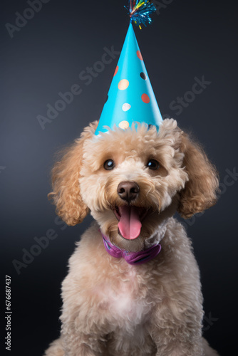 Poodle wearing new year party hat