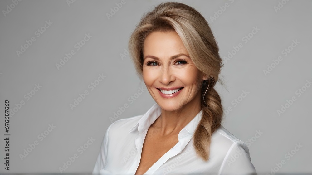 Woman in her 50's wearing white shirt in a studio Woman in her 50's wearing white shirt in a studio