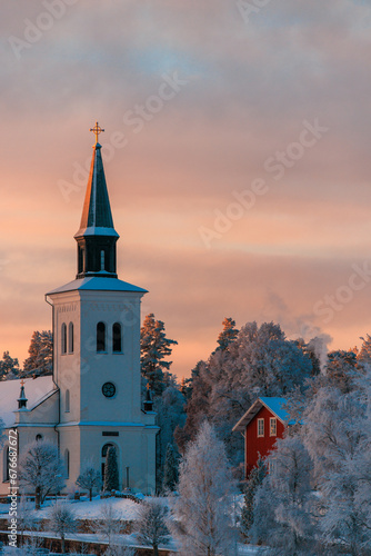church in the winter sunset 