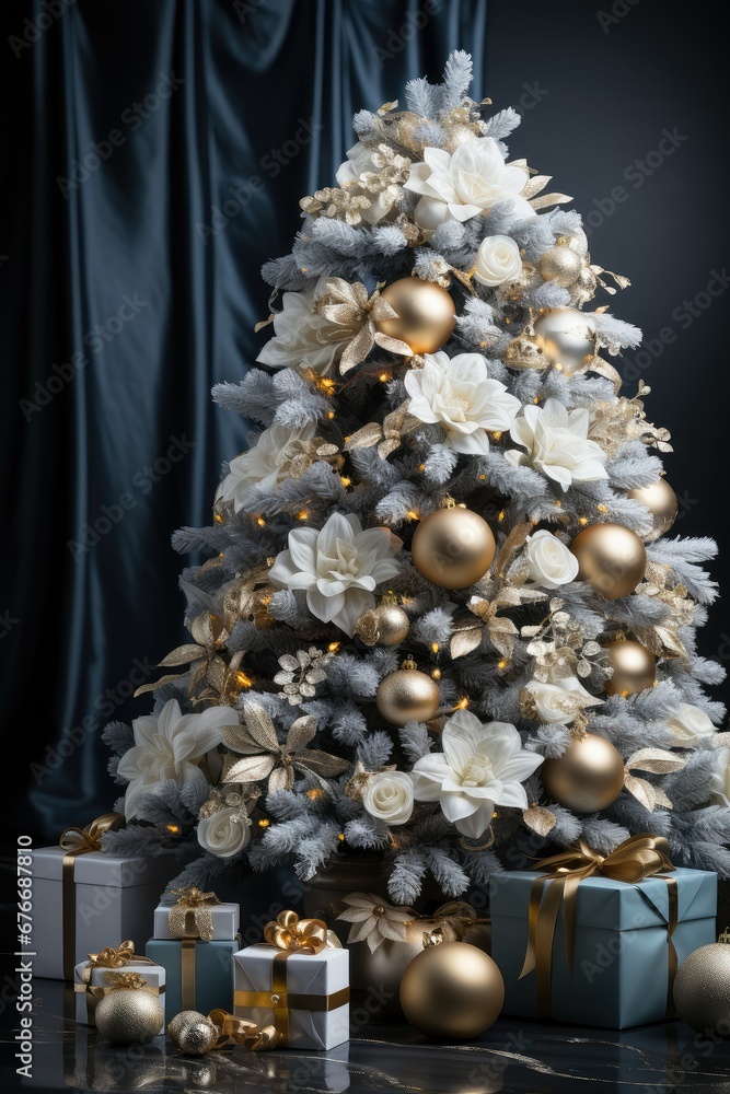 Luxury silver Christmas tree with gift boxes. Stylish New Year's interior. Luxury silver Christmas tree with gift boxes. Stylish New Year's interior.