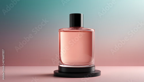 A bottle of perfume sitting on a table with a blurry background behind it and a black cap on top, Generative AI.