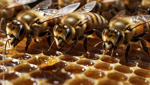 Close-up of honey bees. A detailed view capturing the intricate beauty and industrious nature of these essential pollinators, Generative AI. © 4K_Heaven