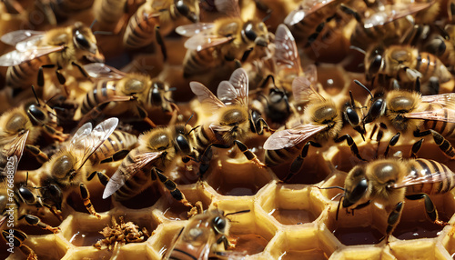 Close-up of honey bees. A detailed view capturing the intricate beauty and industrious nature of these essential pollinators, Generative AI.