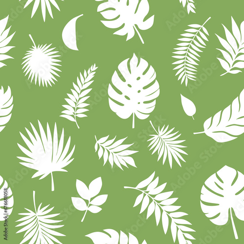 Vector seamless pattern with tropical leaves. Cute bright and fun summer floral background. Jungle leaf, exotic palm leaves. Vector illustration