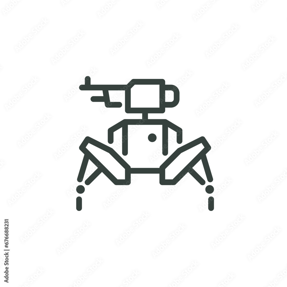 Thin Outline Icon Armed Military Robot With Weapon. Such Line Symbol Weaponry and Military Robotics AI Technology Machine Learning. Vector Isolated Pictogram on White Background Editable Stroke. Thin Outline Icon Armed Military Robot With Weapon. Such Line Symbol Weaponry and Military Robotics AI Technology Machine Learning. Vector Isolated Pictogram on White Background Editable Stroke.