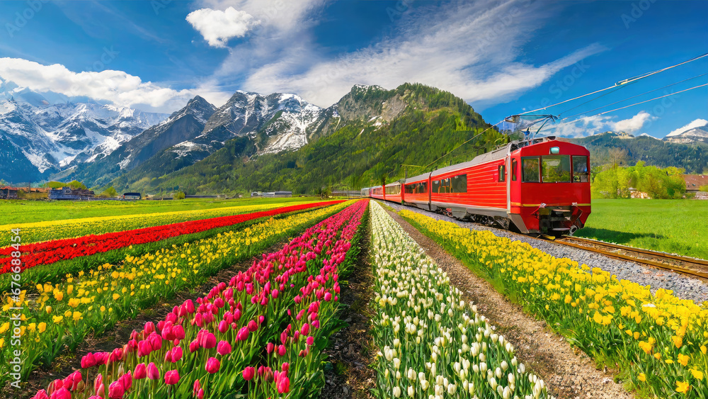The red train runs through a tulip garden in the Netherlands. Field of tulips in Netherlands. - obrazy, fototapety, plakaty 