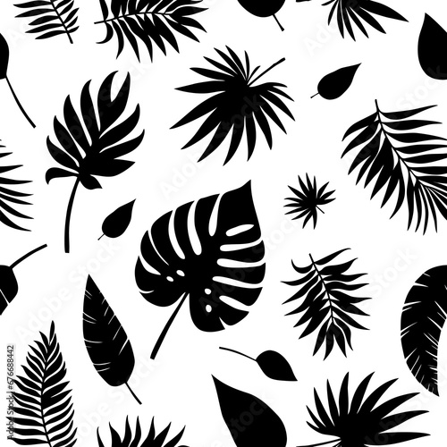 Vector seamless pattern with black tropical leaves on white background. Cute bright and fun summer floral. Jungle leaf, exotic palm leaves. Vector illustration