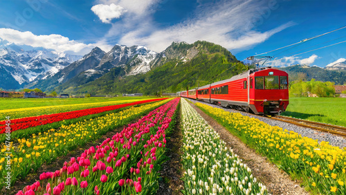 The red train runs through a tulip garden in the Netherlands. Field of tulips in Netherlands. #676688454