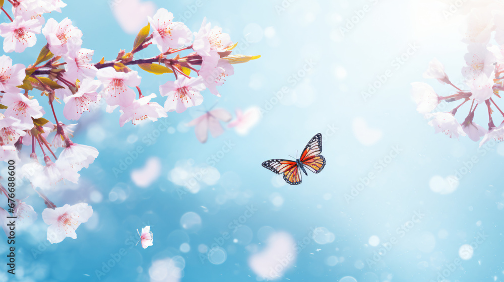 Branches blossoming cherry on background blue sky