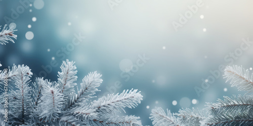 Beautiful winter background image of frosted spruce branches and small drifts of pure snow with bokeh Christmas lights and space for text. © Sri