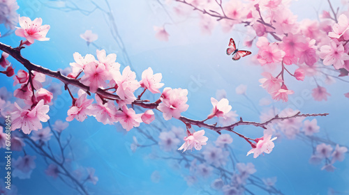 Branches blossoming cherry on background blue sky © Natia