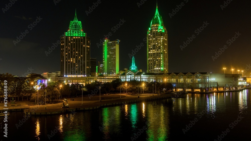 Downtown Mobile, Alabama riverside skyline at night