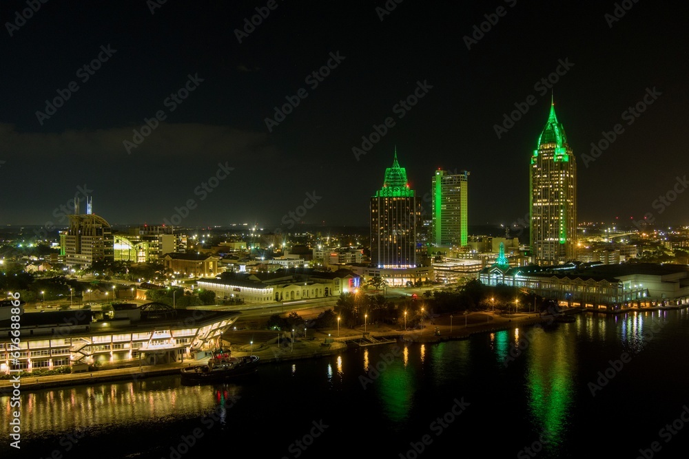 Downtown Mobile, Alabama riverside skyline at night