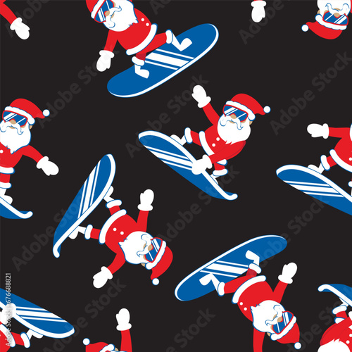 Cool Santa Claus snowboarding in ski goggles. Seamless pattern. Christmas set Vector illustration.
