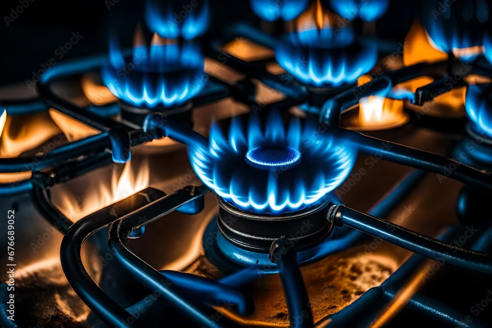 loseup shot of blue fire from domestic kitchen stove top. Gas cooker with burning flames of propane gas. Zooming in on the kitchen stove  generative ai technology

