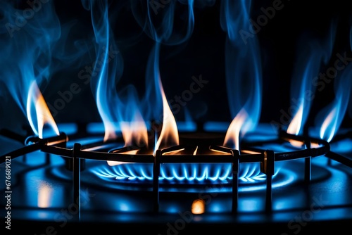 loseup shot of blue fire from domestic kitchen stove top. Gas cooker with burning flames of propane gas. Zooming in on the kitchen stove  generative ai technology

 photo