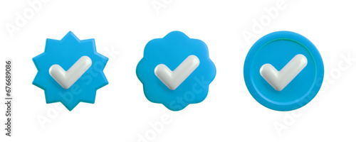 Vector 3d Blue Verified Badge realistic icons set. Trendy plastic round starburst and wavy badges with checkmark, approved icon on white background. Blue official tick button. 3d render yes sign