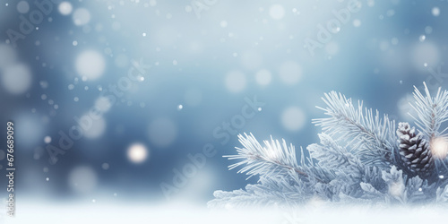 Beautiful winter background image of frosted spruce branches and small drifts of pure snow with bokeh Christmas lights and space for text. © Sri