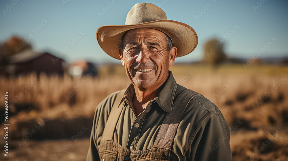 Fototapeta premium a adult white american farmer man standing on a wheat grass field. wearing a hat. agricultural land owner. blurry field and a mansion background. Generative AI