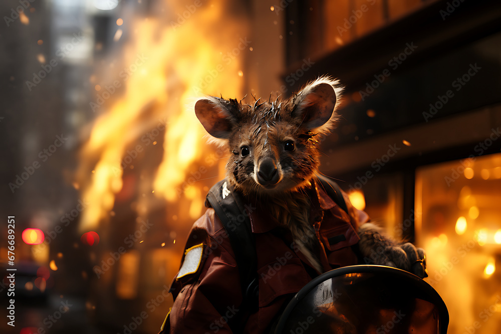 Kangaroo fire fighter, Fantasy Realism: Kangaroo Firefighter Extinguishing Fire with Hose, Golden Hour