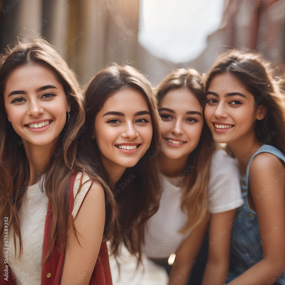 Group of college girls looking and smiling with happiness.