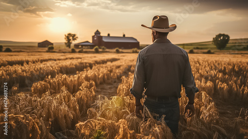 a adult white american farmer man standing on a wheat grass field. wearing a hat. agricultural land owner. blurry field and a mansion background. Generative AI