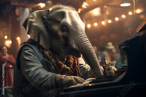 elephant at night Party, Elephant Playing Piano, Fantasy Realism: Elephant Playing Grand Piano in Concert Hall