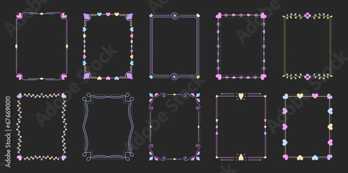 Vintage valentine heart frame border divider pink line set. Cute purple pastel fairytale kid love magic colorful separator floral filigree rectangle greeting card rainbow wedding book cover framework