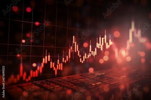stock market chart with red background and black background, in the style of bokeh, commercial imagery, sharp/prickly, rendered in maya, nostalgiacore, selective focus -