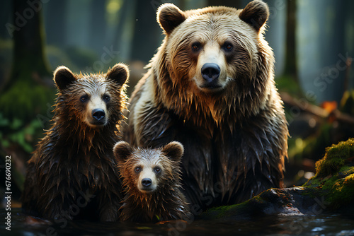 brown bear cub, Unique Misfit Family of Bears in Forest Background, Fantasy