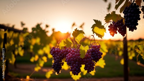 Ripe grapes in vineyard at sunset. AI Generated