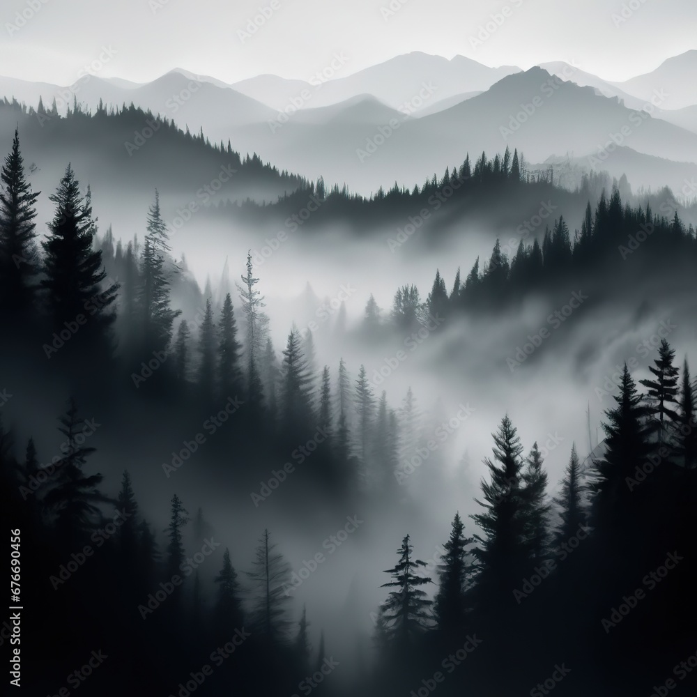 mountains, forest, fog - abstract landscape. monochrome, minimalistic