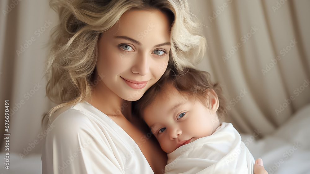 beautiful young white caucasian mother holding her newborn baby child and hugs and kisses him. isolated on white background. beautiful young white caucasian mother holding her newborn baby child and hugs and kisses him. isolated on white background.