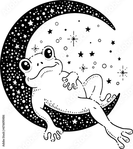 Cute frog on moon at night. Childish poster for nursery with funny animal character on crescent moon and stars. Concept of dream, night, mystic, vector sketch illustration