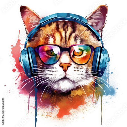 Dj cat with headphones and sunglasses Illustration, Generative Ai © Creative Artist