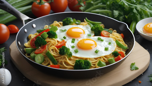 A savory and wholesome combination of eggs, noodles, and vibrant vegetables, all cooked to perfection in a single pan, Fried eggs on noodles with fresh vegetables in a frying pan. Generative AI.