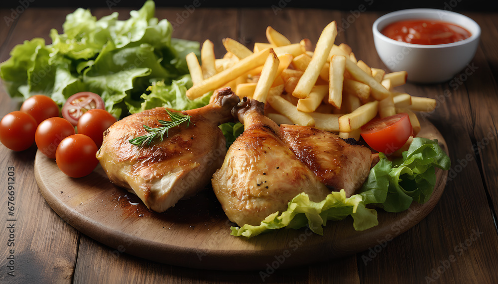 Roasted chicken thigh served with a side of golden French fries. A classic and mouthwatering pairing that combines the succulence of roasted chicken with the crispy perfection of fries, Generative AI