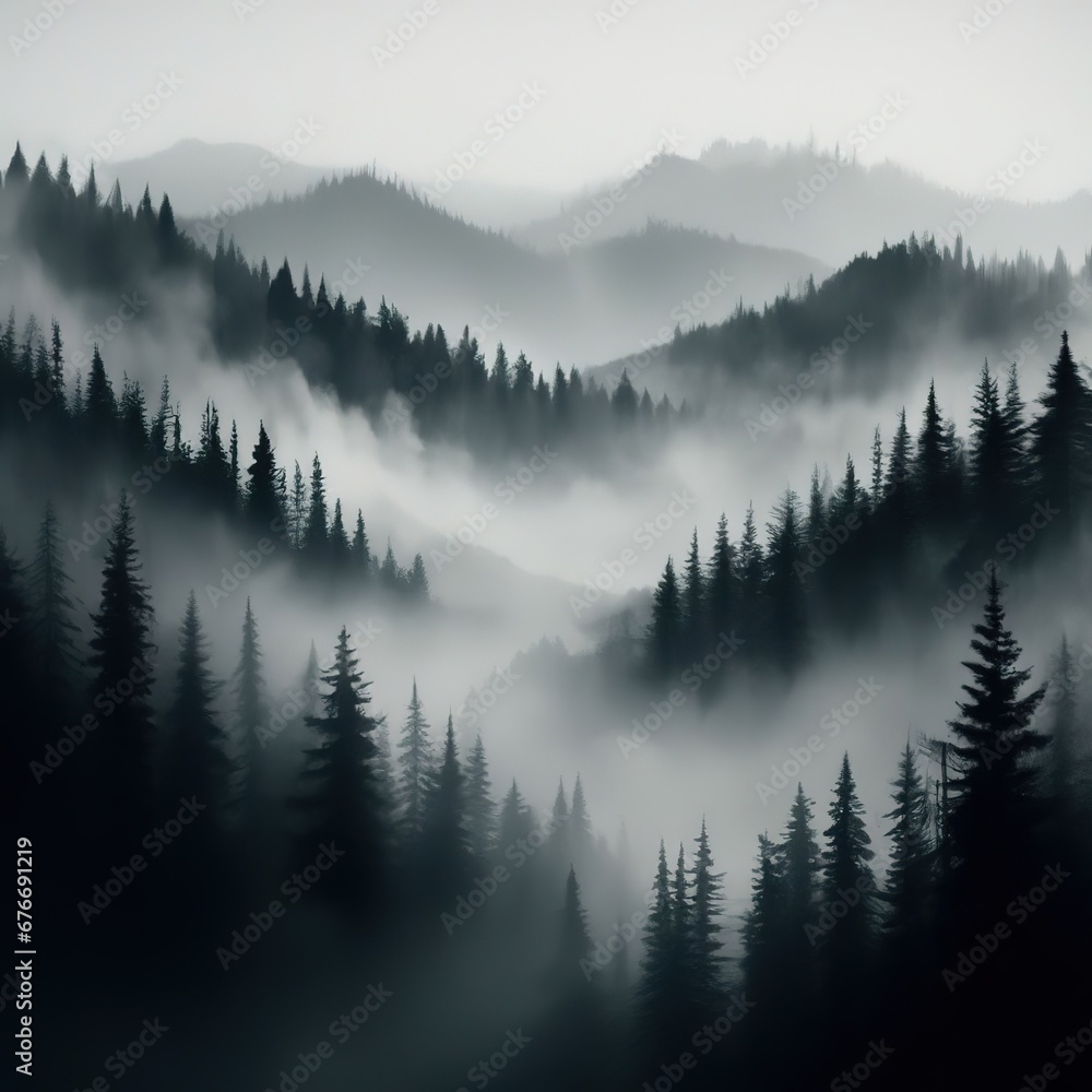 mountains, forest, fog - abstract landscape. monochrome, minimalistic