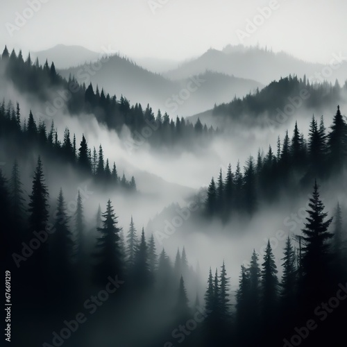mountains, forest, fog - abstract landscape. monochrome, minimalistic © Ирина Самойлова