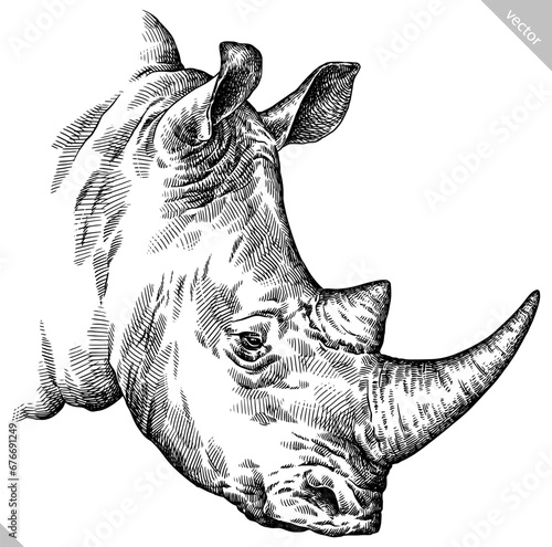 Vintage engraving isolated rhinoceros set illustration ink sketch. Africa background rhino silhouette art. Black and white hand drawn vector image