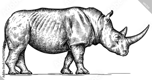 Vintage engraving isolated rhinoceros set illustration ink sketch. Africa background rhino silhouette art. Black and white hand drawn vector image